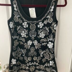 KYRA Women’s Sz S black sequined front over netting tank top NWT